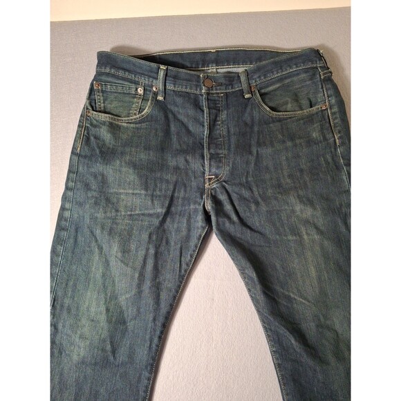 LEVI'S 501 Button Fly Jeans Mens 34-32 Dark Wash Distressed Cowboy EUC - Picture 4 of 15